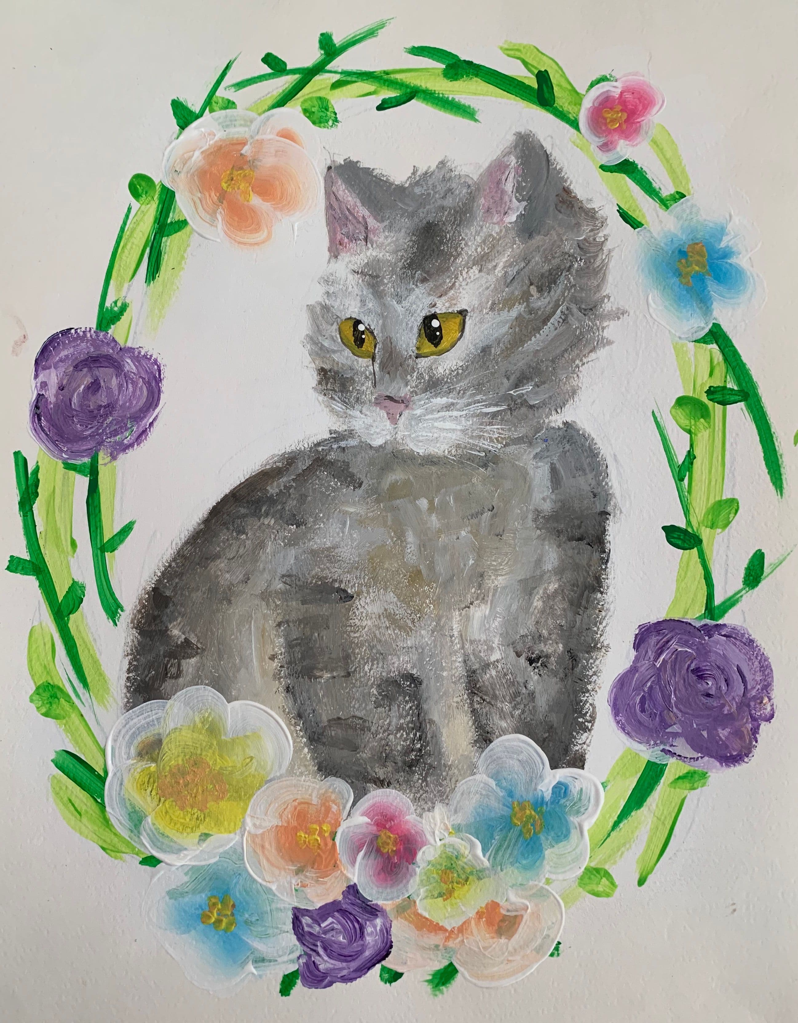 Cat with wreath of flowers